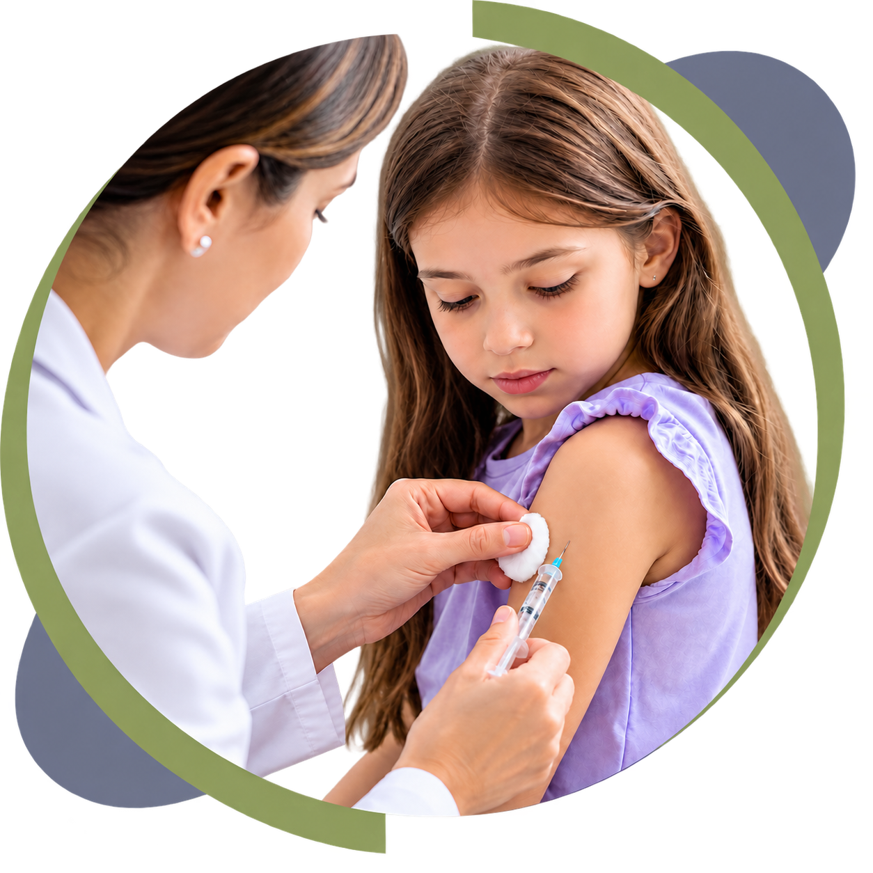 Healthcare professional giving a vaccine injection to a young girl inside a circular frame on a soft green background.