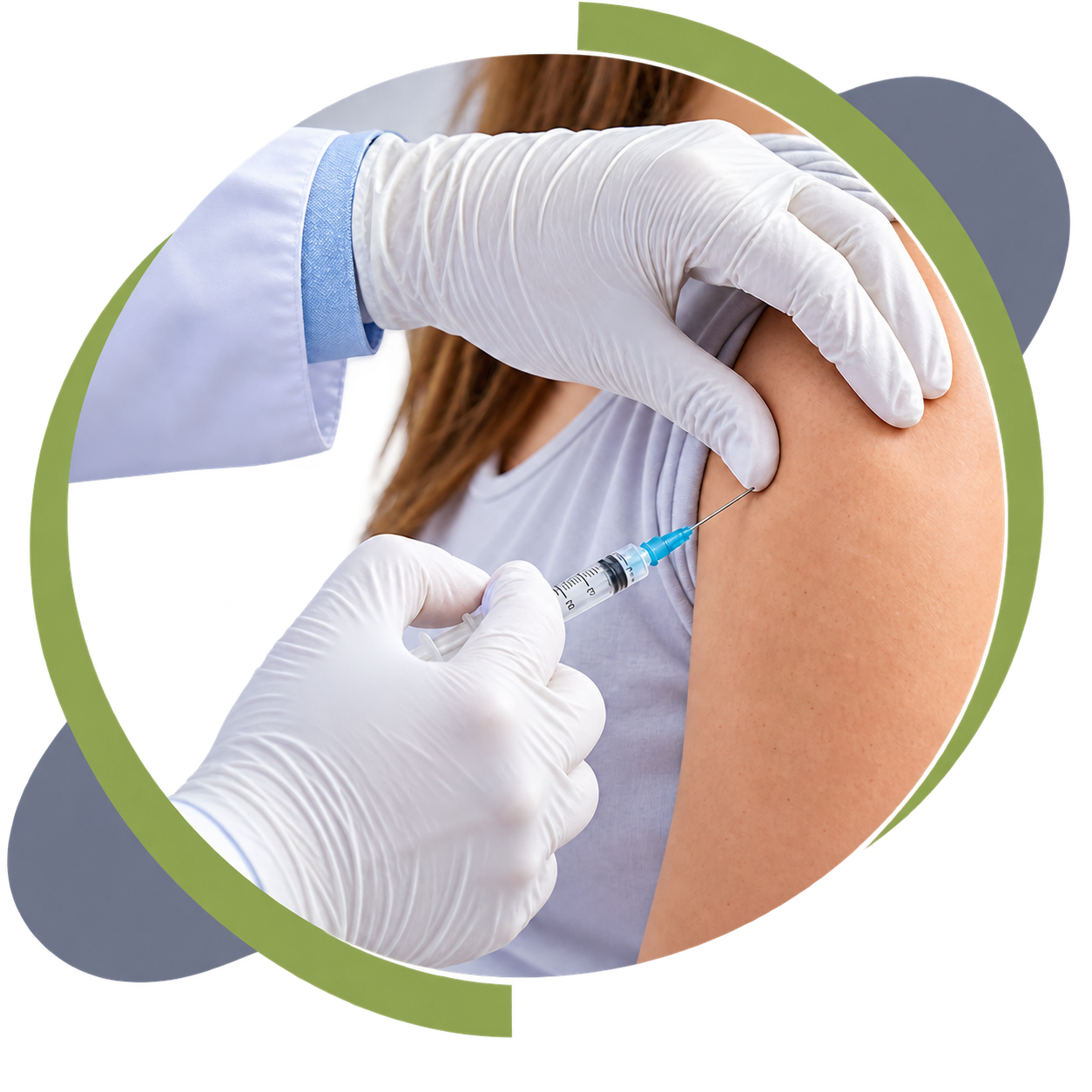 Gloved healthcare professional administering an injection into an adult’s upper arm in a circular medical graphic with a transparent background.