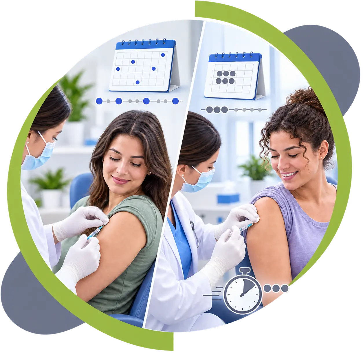 Comparison of traditional and cluster immunotherapy treatment schedules with allergy injections and calendar illustrations.
