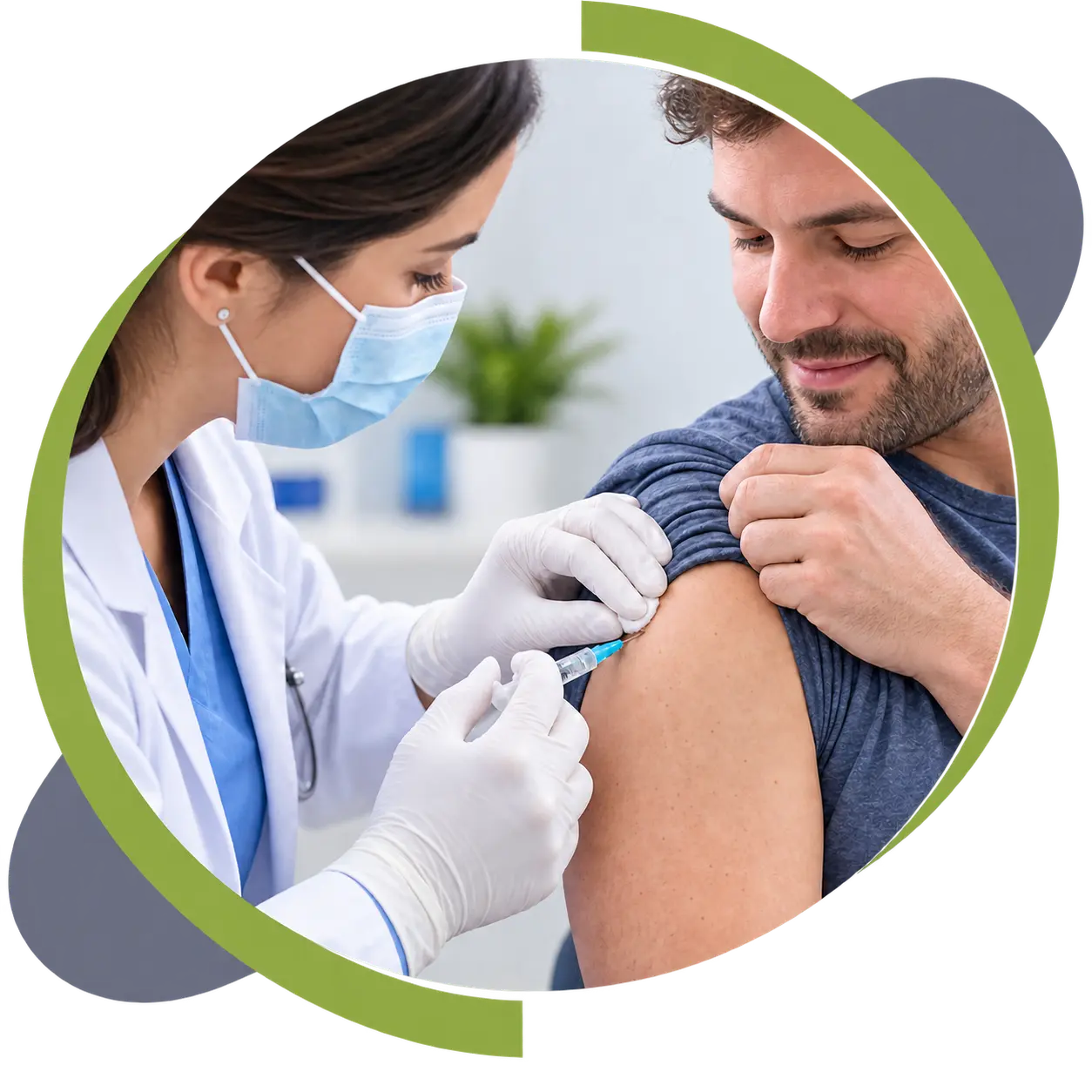  Healthcare professional administering a traditional immunotherapy allergy injection to an adult patient’s upper arm.