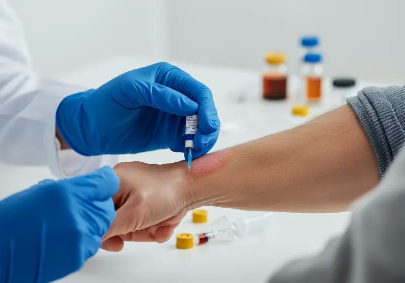 an allergist is examining a patient for Allergy shot therapy