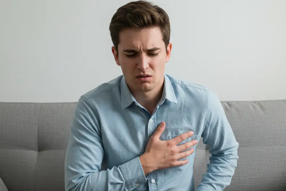 a young man is experiencing heart palpitation symptoms
