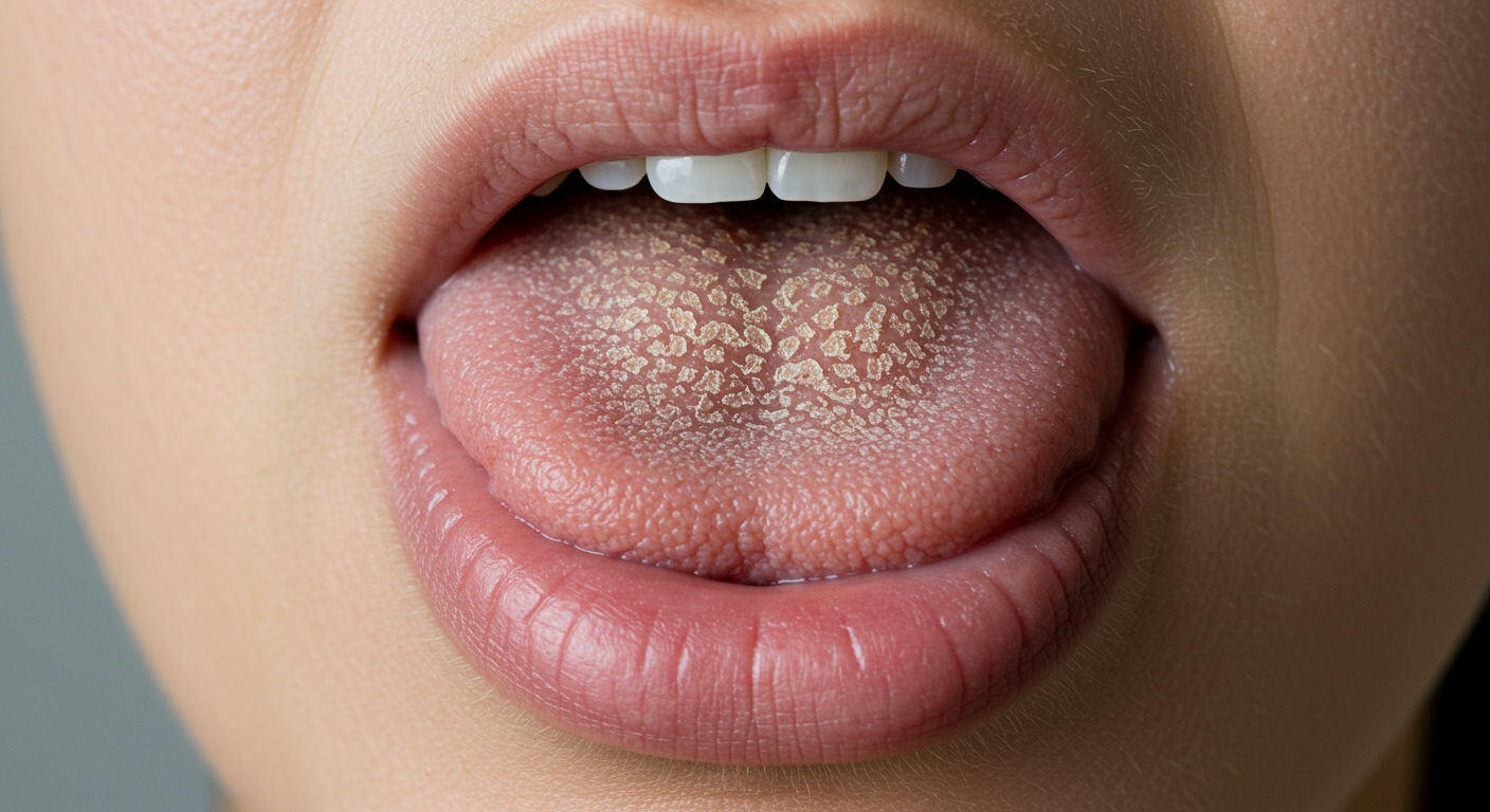 Close-up of a dry, textured tongue indicating possible allergy symptoms.
