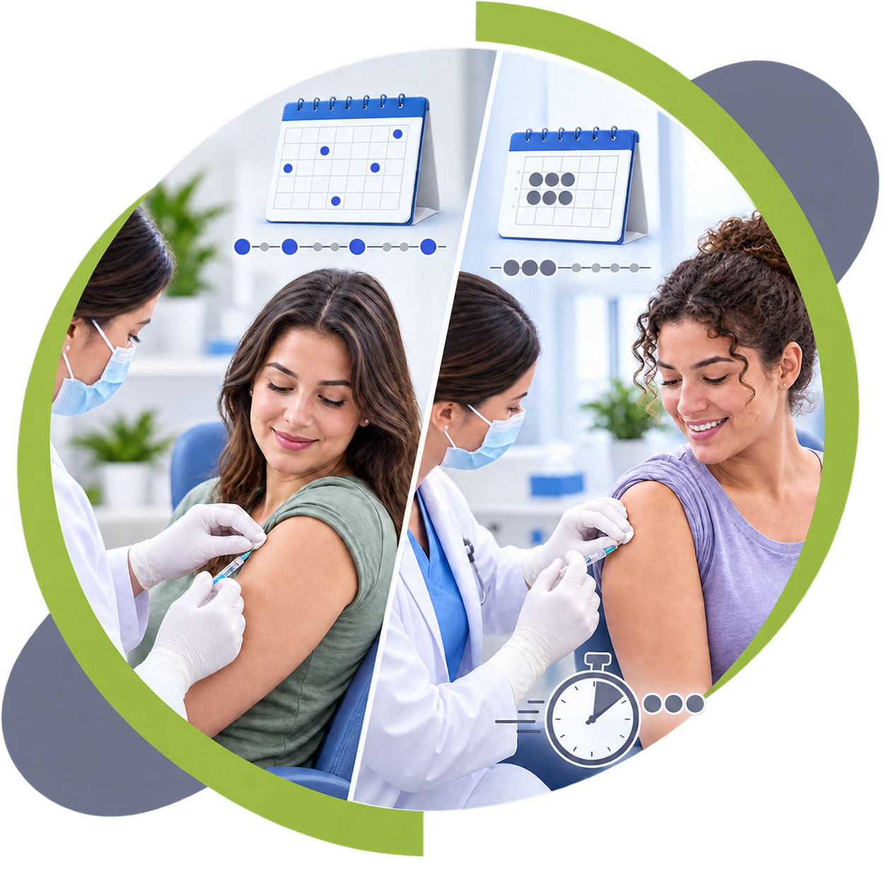 Comparison of traditional and cluster immunotherapy treatment schedules with allergy injections and calendar illustrations.