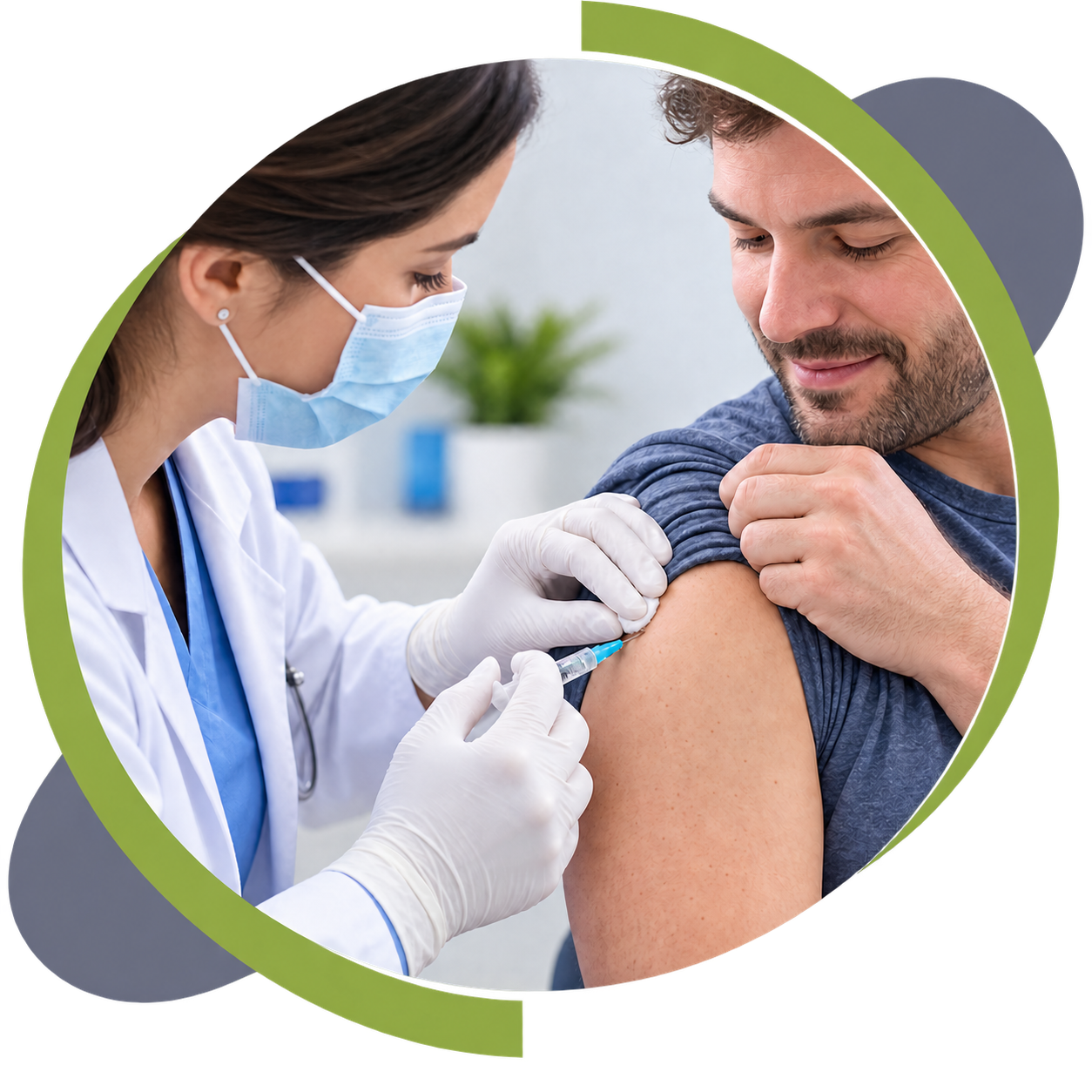 Healthcare professional administering a traditional immunotherapy allergy injection to an adult patient’s upper arm.